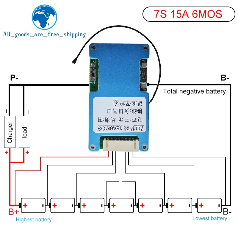 TZT BMS 7S 24V 15A 20A 25A  Li-ion Lmo Ternary Lithium 18650 Battery Charge Protection Board Balance And NTC Temperature Protect