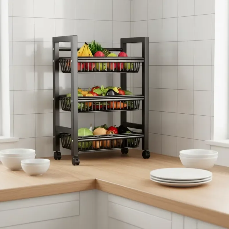 Modern 3 Tier Metal Vegetable Storage Cart Floor Standing Kitchen Organizer Rack Multi Functional Fruit Basket Holder For
