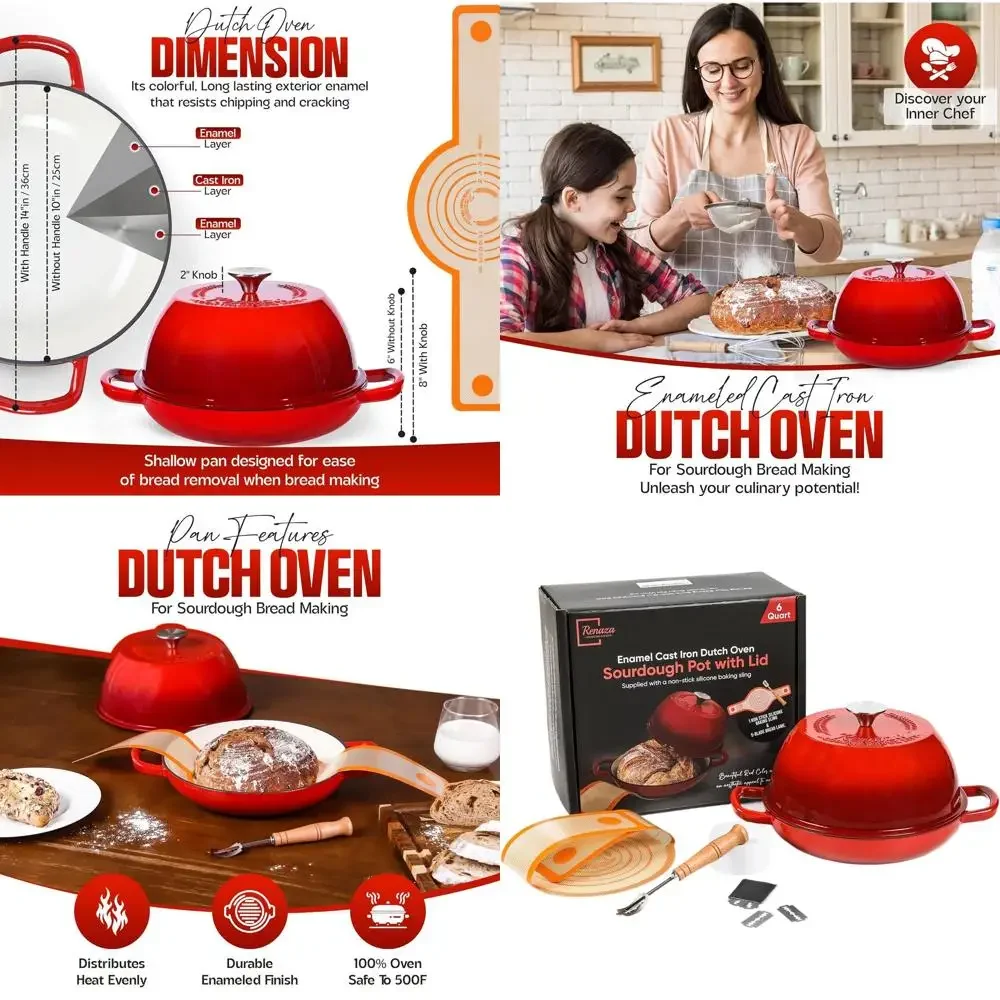 

10 Enamel-Coated Cast Iron Dutch Oven for Sourdough Baking, Casseroles, and More - Includes Bread Lame and Silicone Sling