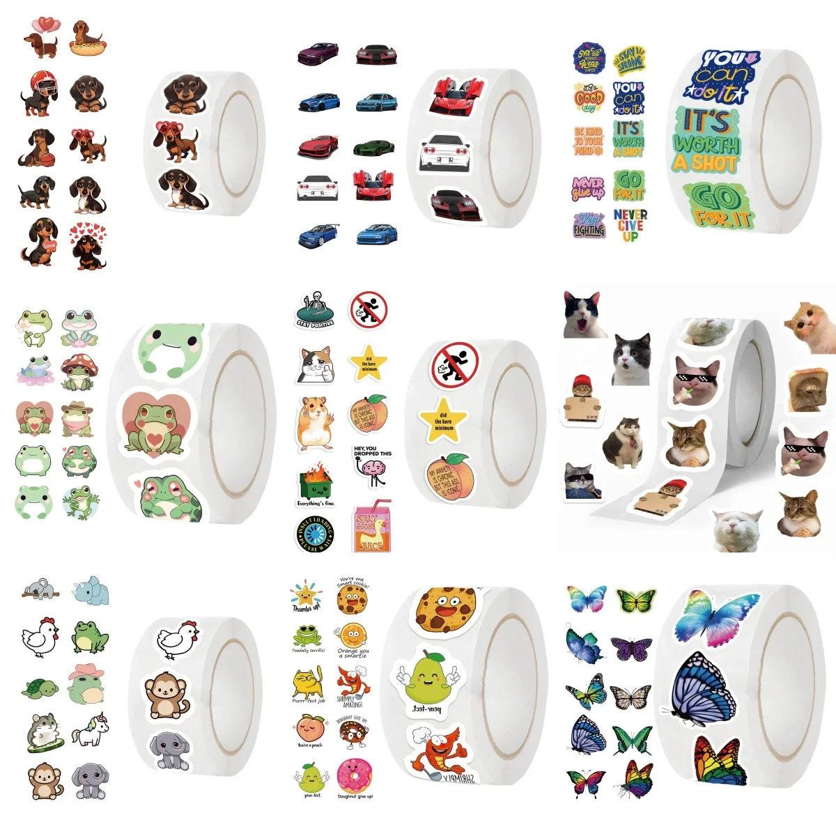 500Pcs/Roll Mixed Animal&Slogan Stickers,Cartoon Dog Frog Cat Butterfly Decals for Envelope,Phone&DIY Journal Decoration