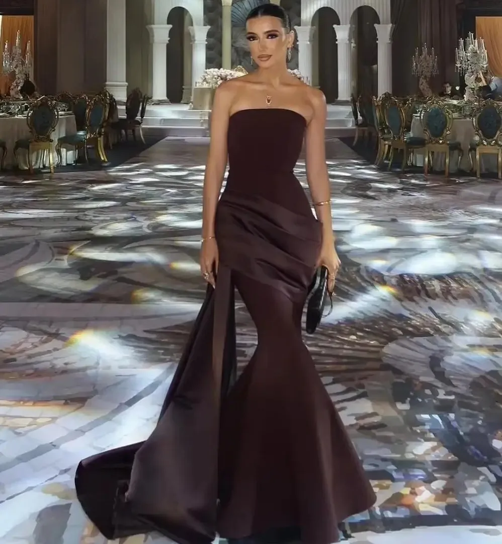 

New Modern Black Evening Formal Dress Strapless Pleats Mermaid Floor-Length Prom Pageant Party Gowns Robe De Soiree