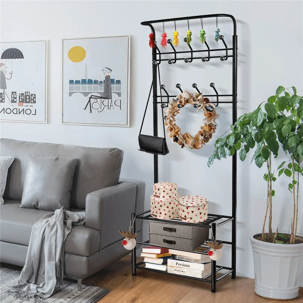 Standing Coat Rack Metal Multipurpose Entryway Hall Tree With 3-Tier Shoe Rack Room Furniture Black Wall Racks Living Home