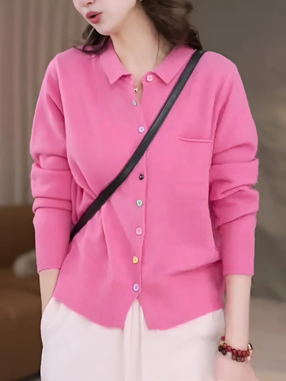 

Pink Knitted Cardigan Long Sleeve Comfortable Classic Style Spring Autumn Fashionable Top for Women plus Size Casual Wear