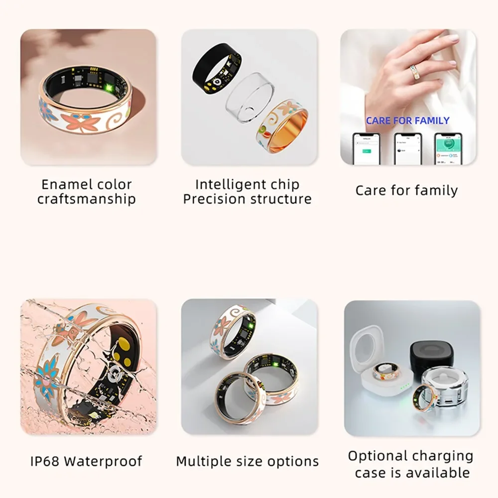 MoriTech China Enamel Gold Smart Ring for Women, IP68 Waterproof Fitness Tracker Sport Smart Health Couple Ring Take Photo Gift