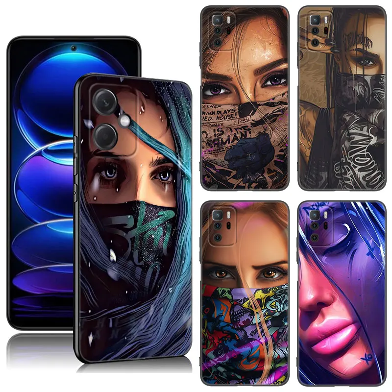 Cool Fashion Masked Girl Phone Case For Xiaomi Redmi Note 10 11 11S 12 4G 8 9 11E 11T Pro Plus 10T 5G 8T 9S 10S 12S Black Cover