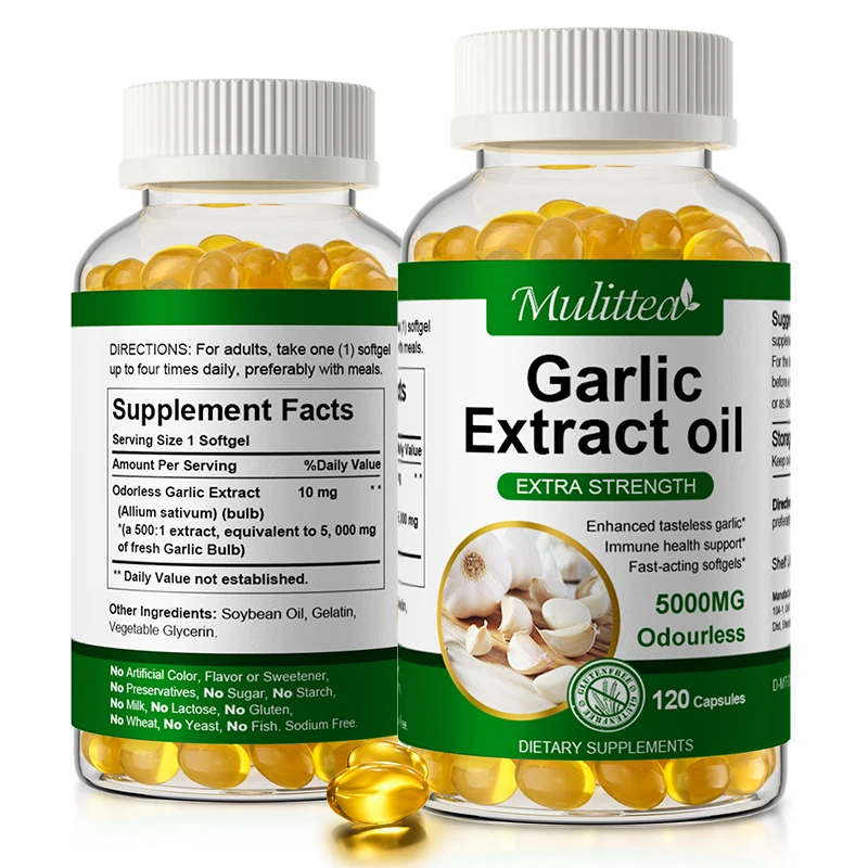 Mulittea Cápsulas de ajo orgánico inodoro 5000 mg que reducen el colesterol promueven la salud cardiovascular y del corazón Suplementos dietéticos