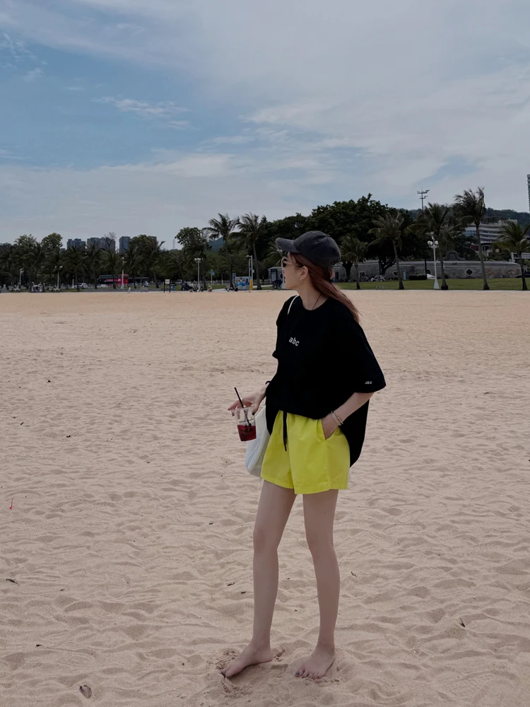 

LADYC Dopane Sle High Waist Elastic Waist Casual Pure Color A-Line orts Summer Faionable Comfortable Cotton orts