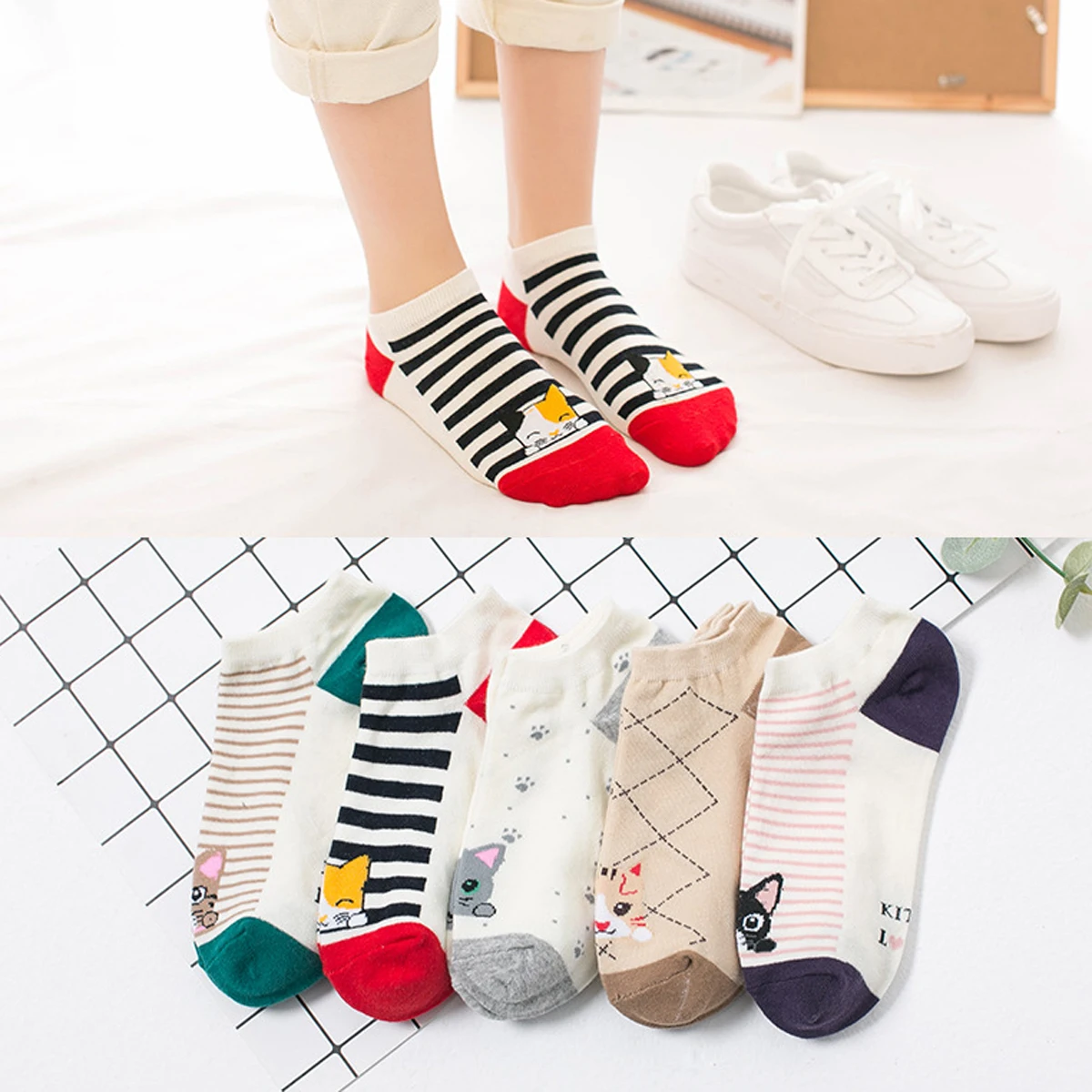 5 Pairs Women Girls Cute Cartoon Cotton Socks Short Summer Ankle Socks