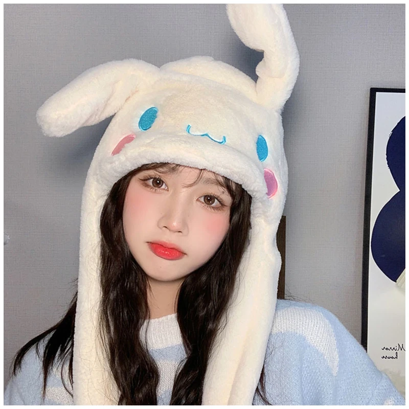 MINISO Kawaii Sanrio Cartoon Cinnamoroll Plush Winter Thickening Warm hat Sweet Cute Movable Ear Cap Girl Birthday Gift