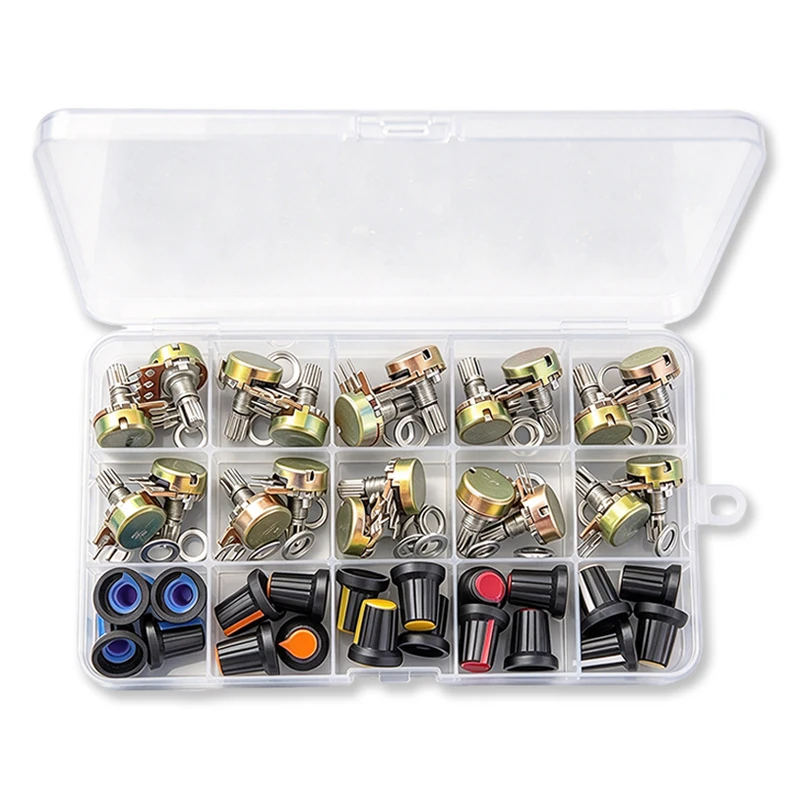 20Set  Single Potentiometer 15mm WH148 KIT B1K/2K/5K/10K/20K/50K/100K/250K/500K/1M With White Blue Yellow Orange Red Knobs Set