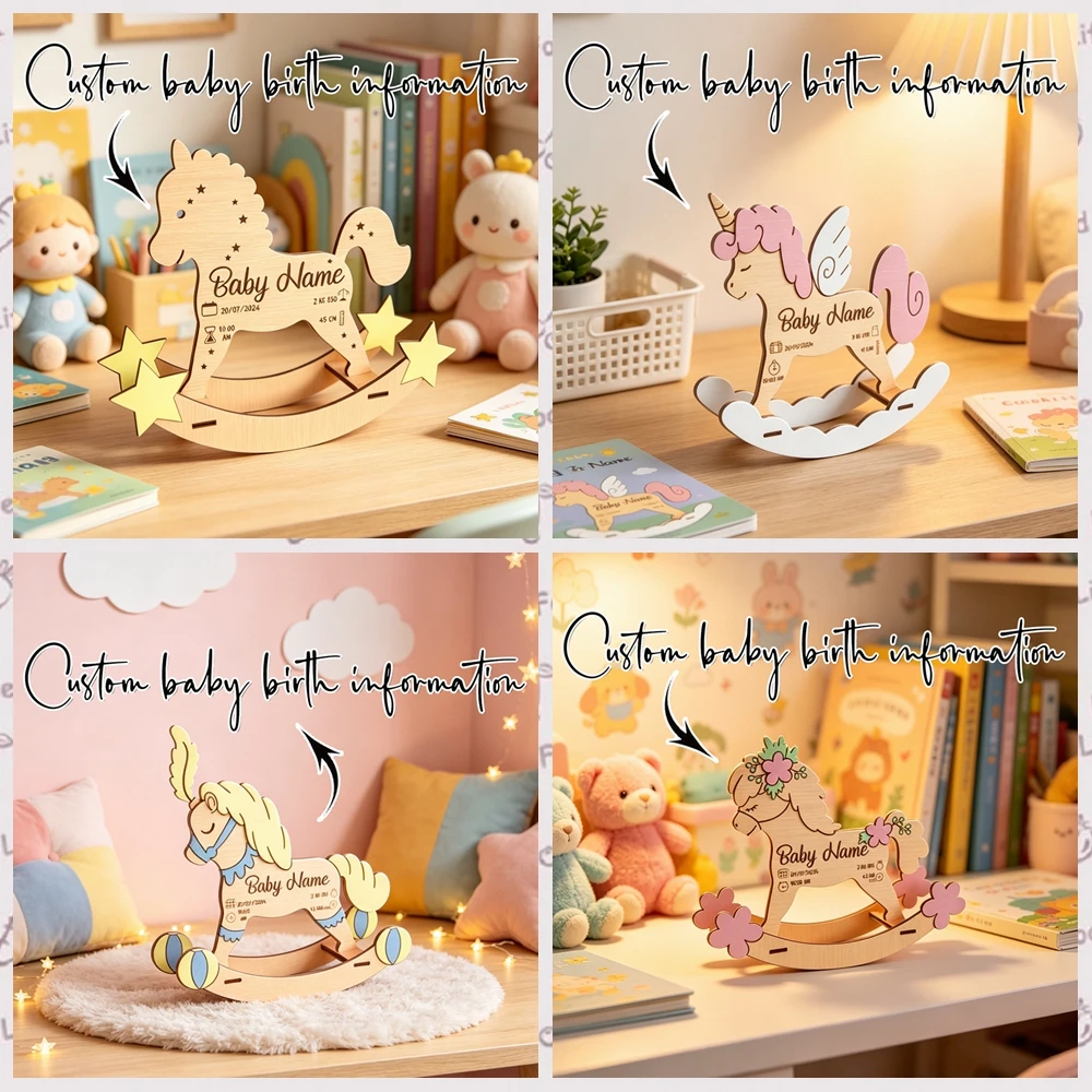 Personalized Baby Birth Info Wooden Rocking Horse Sign Custom Name Unicorn Nursery Tabletop Decor Newborn Baptism Gift
