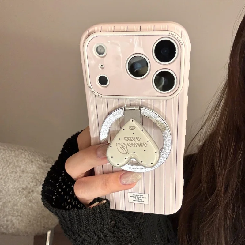 

Simple Solid Color Stripes Magnetic Cute Phone Case For Apple iPhone 17 Pro 16 15 14 13 12 Pro Max Cover with Love Holder Soft C