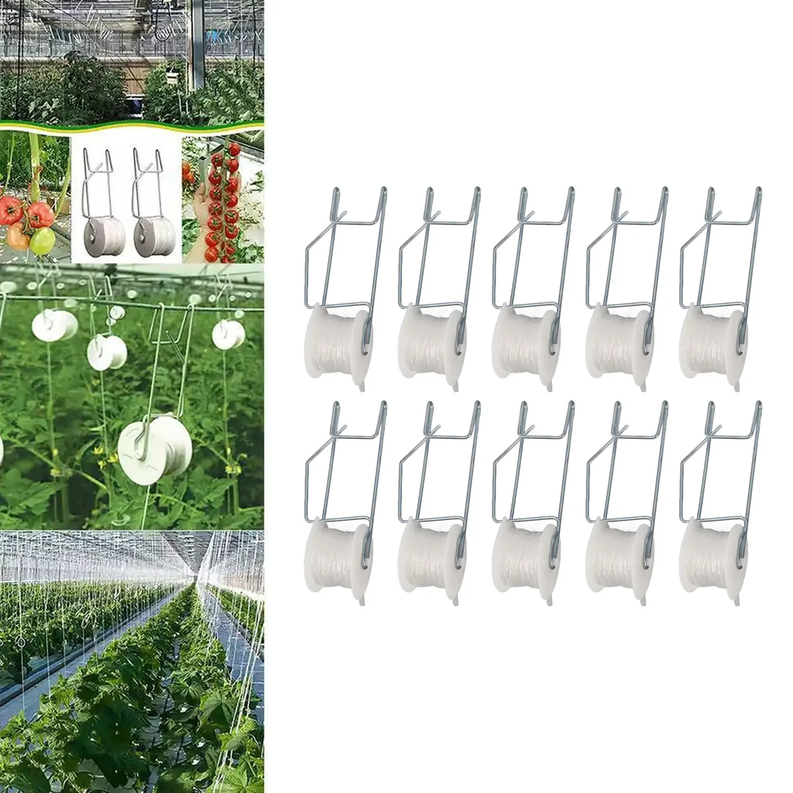 10pcs Tomato Roller Hooks 15m Extension Cable Space Saving Vine Crop Trellis Roller Hooks for Cucumber Loofah Grapes Pumpkins