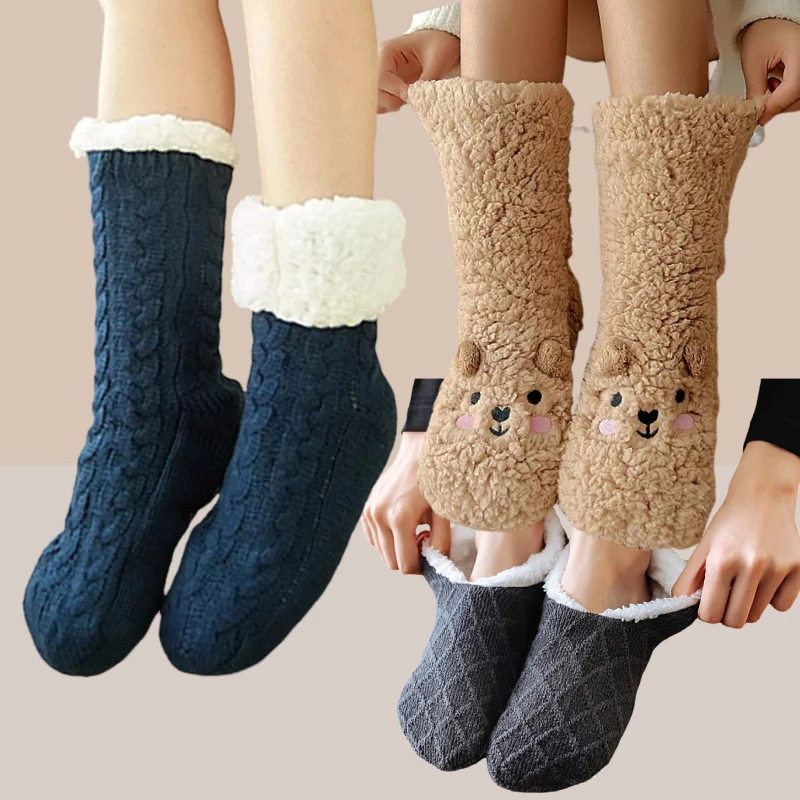 Women\'s Warm Solid Color Floor Socks Non Slip Plush Knitted Coral Fleece Socks No Show Socks