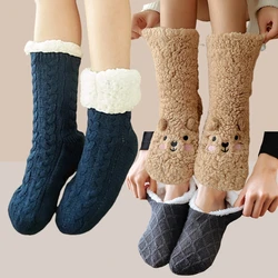 Women's Warm Solid Color Floor Socks Non Slip Plush Knitted Coral Fleece Socks No Show Socks