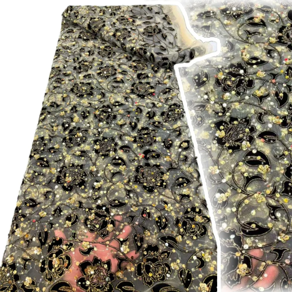 

African Lace Fabric 2025 High Quality Sequins Net Lace French Mesh Fabric Beaded Nigerian Lace Fabrics for Wedding 5yards CC1566