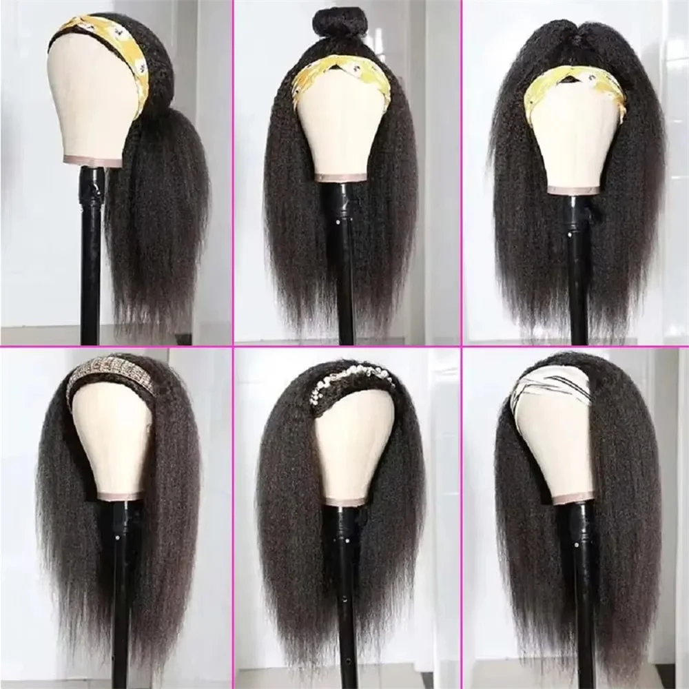 250 Density Headband Wigs Human Hair 16 18 Inch Kinky Straight Wave Wigs Human Hair Ready To Wear Yaki straight 100% Human Hair