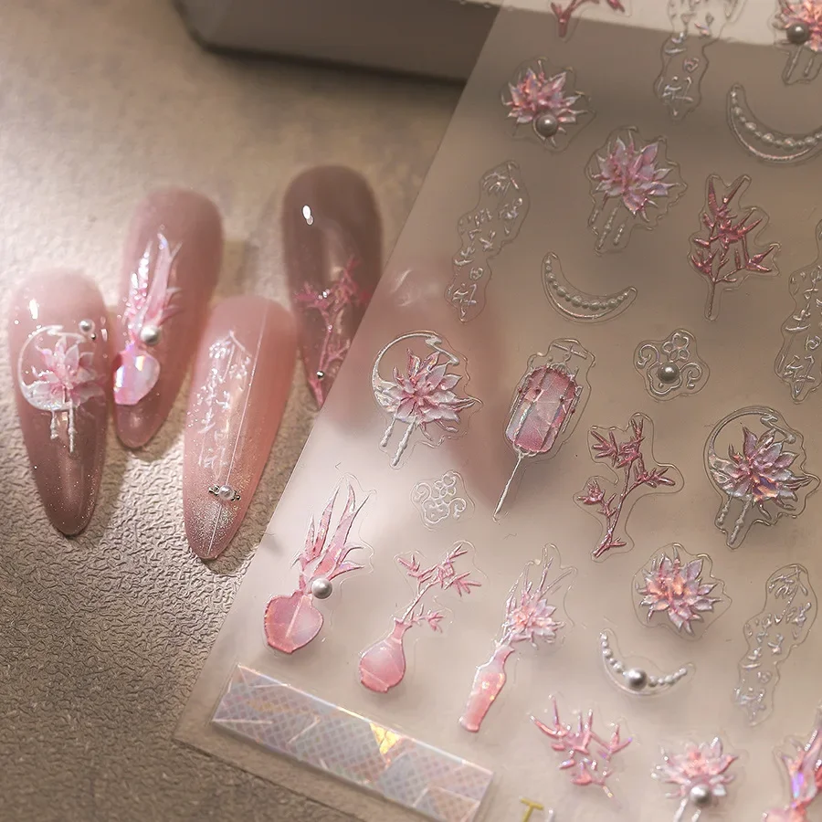 Pink Lotus Flowers Bamboo Vases Lantern Polarized Self Adhesive Nail Art Stickers Rhinestone Pearl Chinese Style Manicure Decals