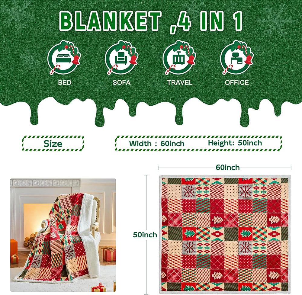 150 x 130 CM Christmas Throw Blanket Christmas Decorations Gift Sherpa Flannel Fleece Winter Soft Holiday Couch Sofa Bed Blanket