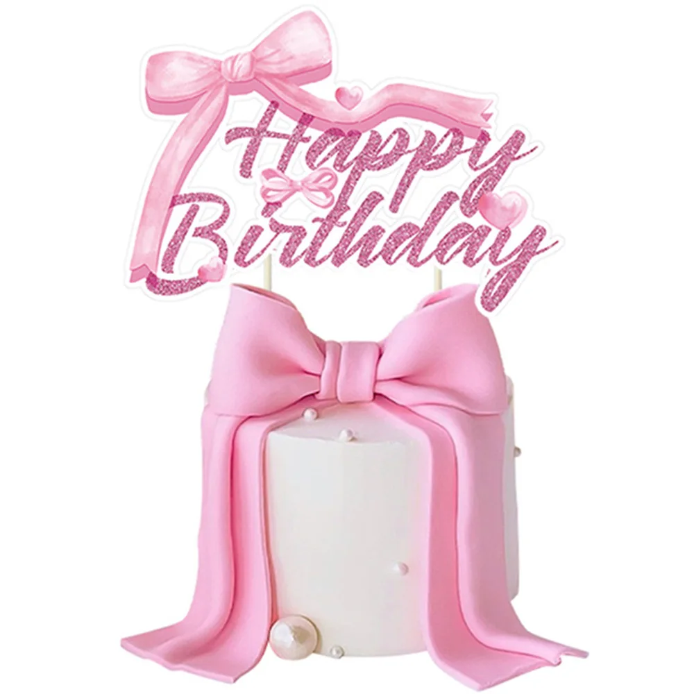 Kokardki do dekoracji ciast Różowa kokardka Happy Birthday Cake Toppers Girls Baby Shower Women Pink Coquette Themed Birthday Party Supplies