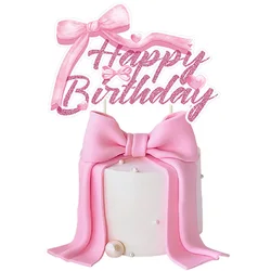 Bow Cake Decorations Pink Bow Happy Birthday Cake Toppers Girls Baby Shower Women Pink Coquette Themed Birthday Party Supplies
