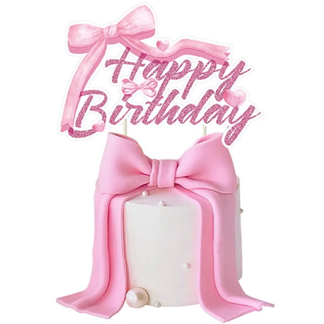 Kokardki do dekoracji ciast Różowa kokardka Happy Birthday Cake Toppers Girls Baby Shower Women Pink Coquette Themed Birthday Party Supplies