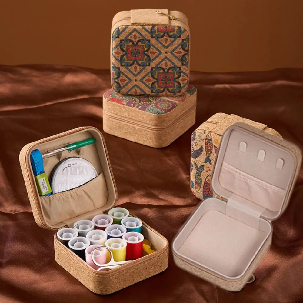 

Cork Wood Jewelry Storage Box Square shape with Zipper Cosmetic Holder Double Box Printed Ring Earrings Organizer