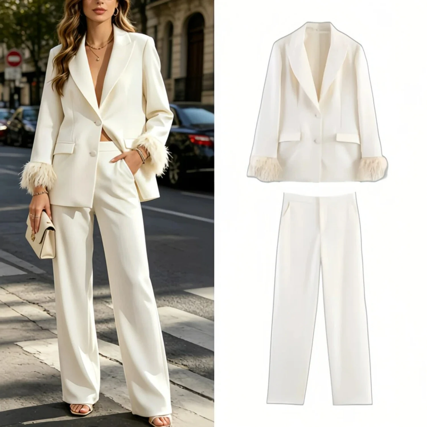 

Spring Women's Long Pants Sets Blazer Jacket Feather Trim on Cuffs High Waist Trousers Casual Office 2 Piece Outfits Female