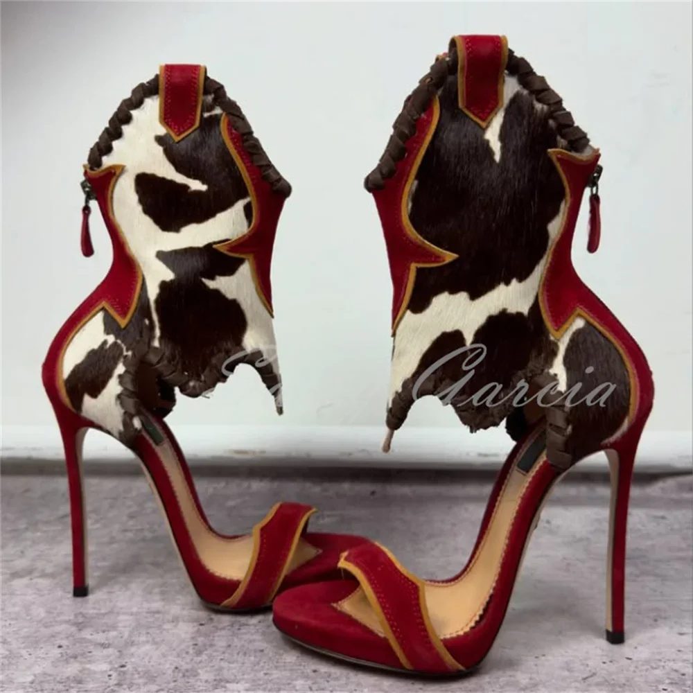 

Colorful Print Low Platform High Heel Sandals Women Summer New Open Toe Leather Stiletto Heel Back Zipper Crystal Western Boot