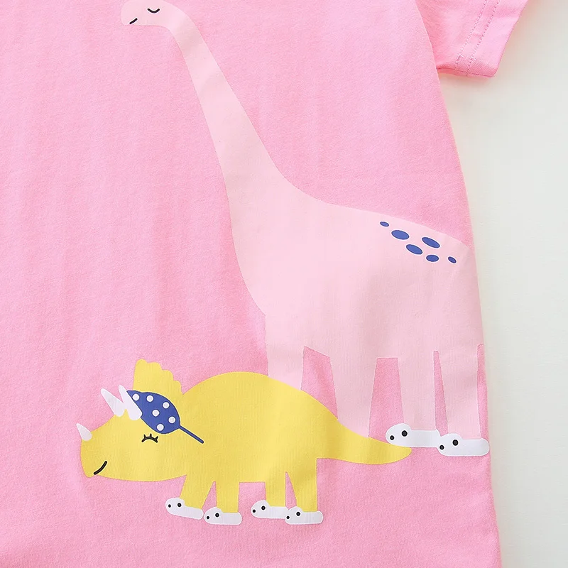 Two Piece Summer Girl Shorts Set Knitted Cotton Cute Cartoon Dinosaur Print Round Neck Pullover Two-Piece Set 2-7Y