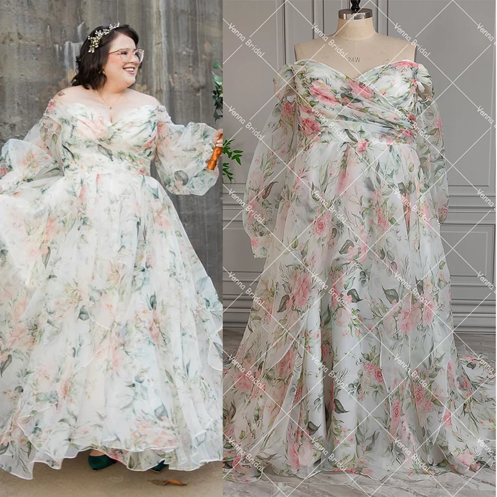 Boho Floral Pattern Sweetheart Customized Wedding Dress Long Bishop Sleeves Backless Bloom Flowers Plus Size Bridal Gowns