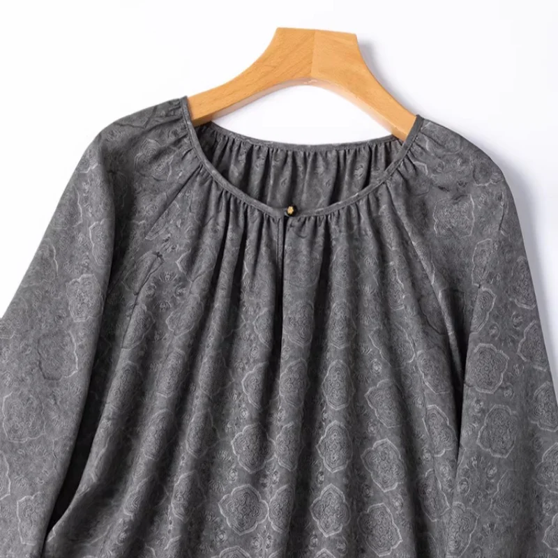 Birdtree, 100% Real Silk Jacquard Blouse, O-neck Lantern Sleeve Tops, Women Loose Breathable Tshirt, 2026 Spring New T64136JF