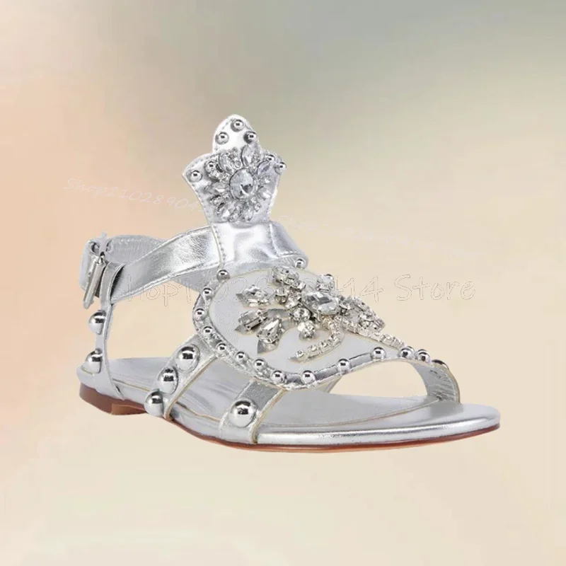 Silver Crystal Flower Hollow Design Lace Sandals Boots Slip On Women Shoes Low Top Fashion Party Feast 2025 Zapatos Para Mujere