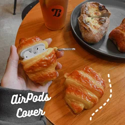 Silicone Case for Apple AirPods Pro with Keychain Hook Croissant Bread 3D Cartoon Food Shaped Cute Lovely Fun Funny For AirPods4