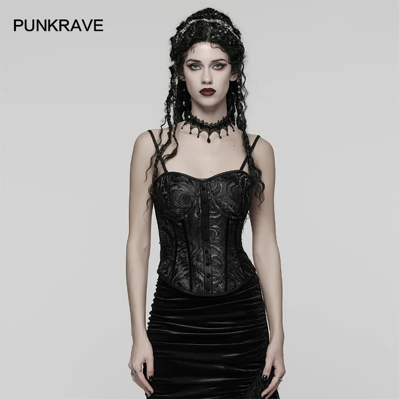 PUNK RAVE Women's Gothic Rose Corset Waist Detachable Steel Boning Design Palace-style Club Party Street Camis Tops Two Colors