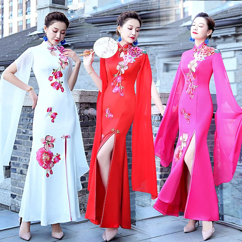 

Female Long Evening Party Dress Choral Performance Costumes Qipao Mandarin Collar Vestidos De Festa Elegant Classic Dress