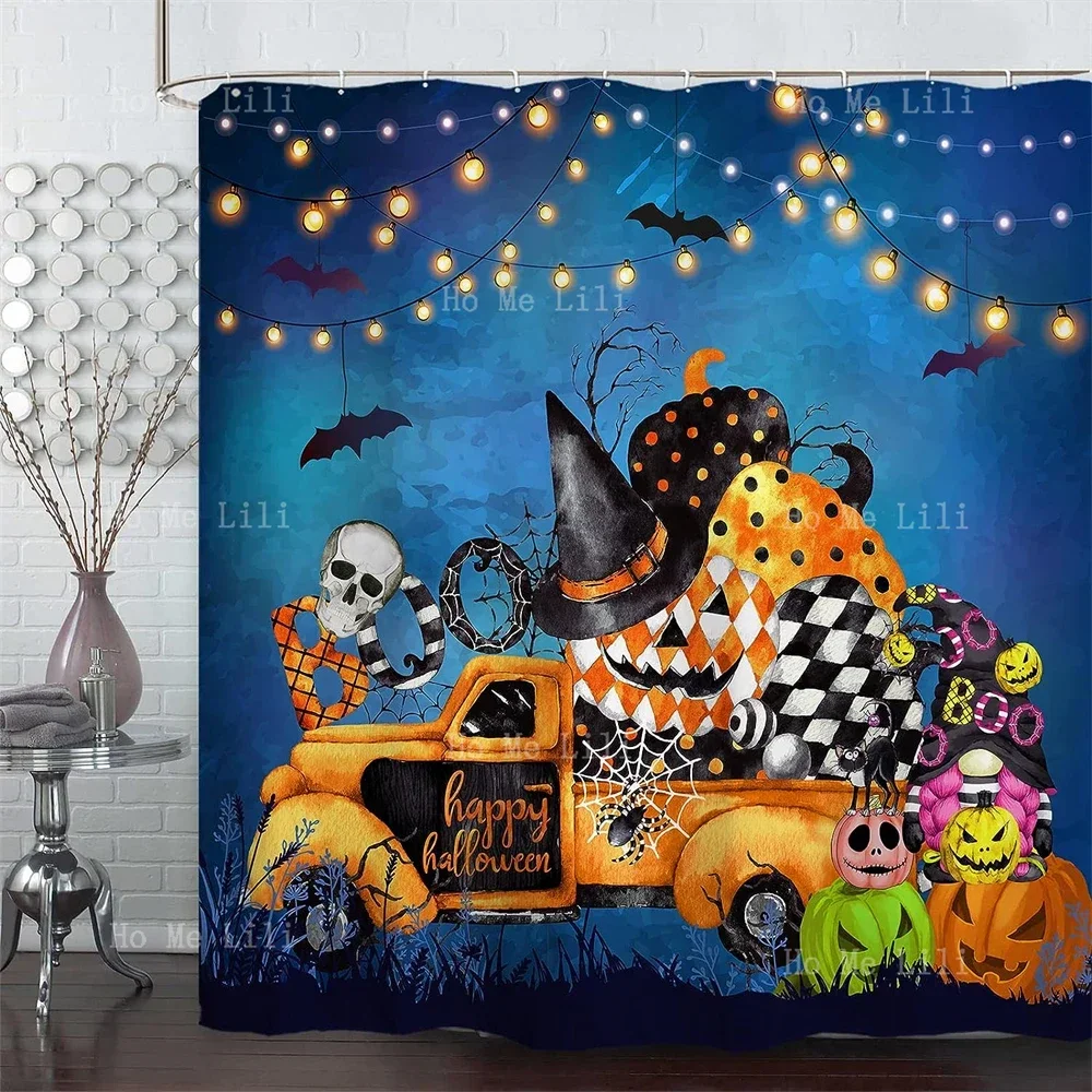 Halloween Dwarf Truck Pumpkin Trick-Or-Treating Witch Ghost Skeleton Waterproof Fabric Shower Curtain For Holiday Decorations