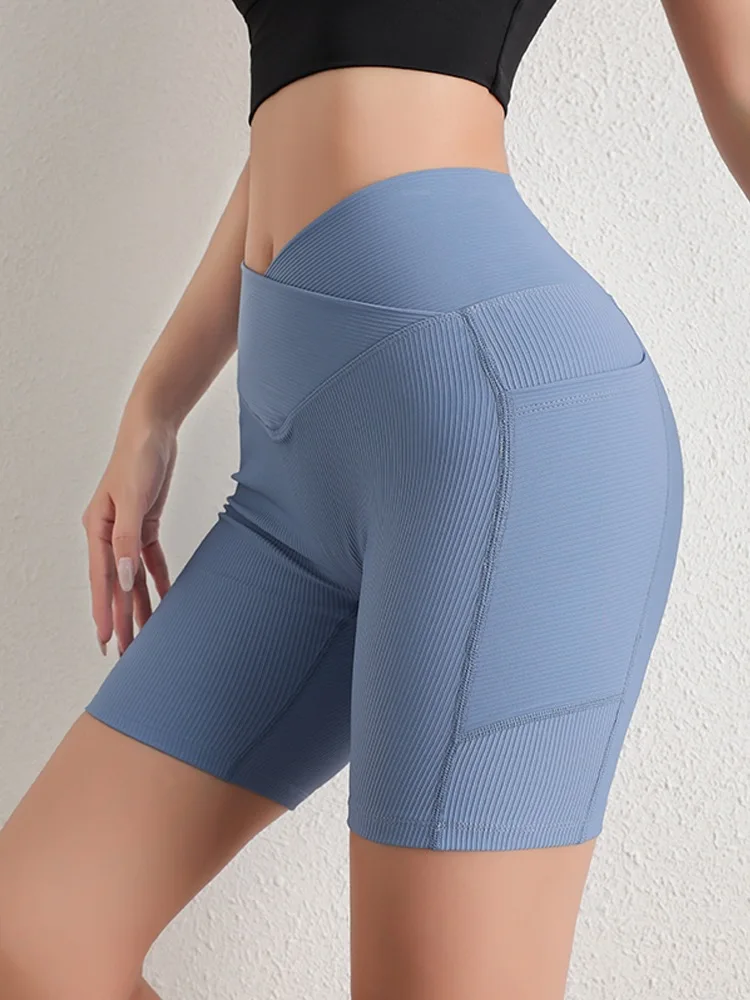 AliExpress NONE Women's Cross-Band Padded Bike Shorts - High Waist Slimming with Side Pockets, Quick Dry, 5" Inseam for Fitness