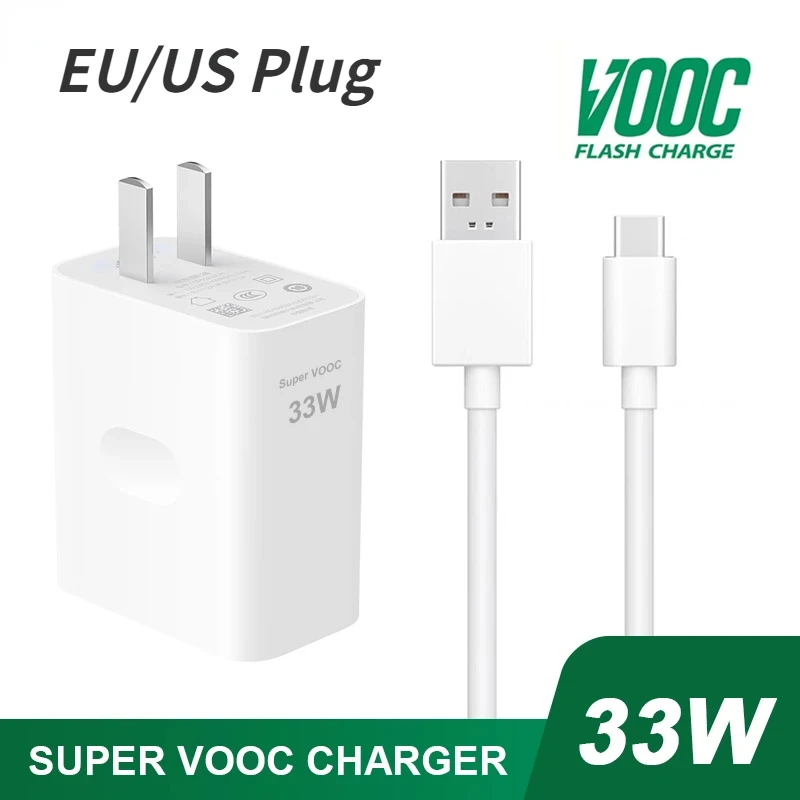 EU/US Plug 33W Supervooc2.0 Fast Charger 11V 3A  Adapter USB Type C Cable For OPPO Find N A96 Reno7 SE Realme GT 5G ViVO X60