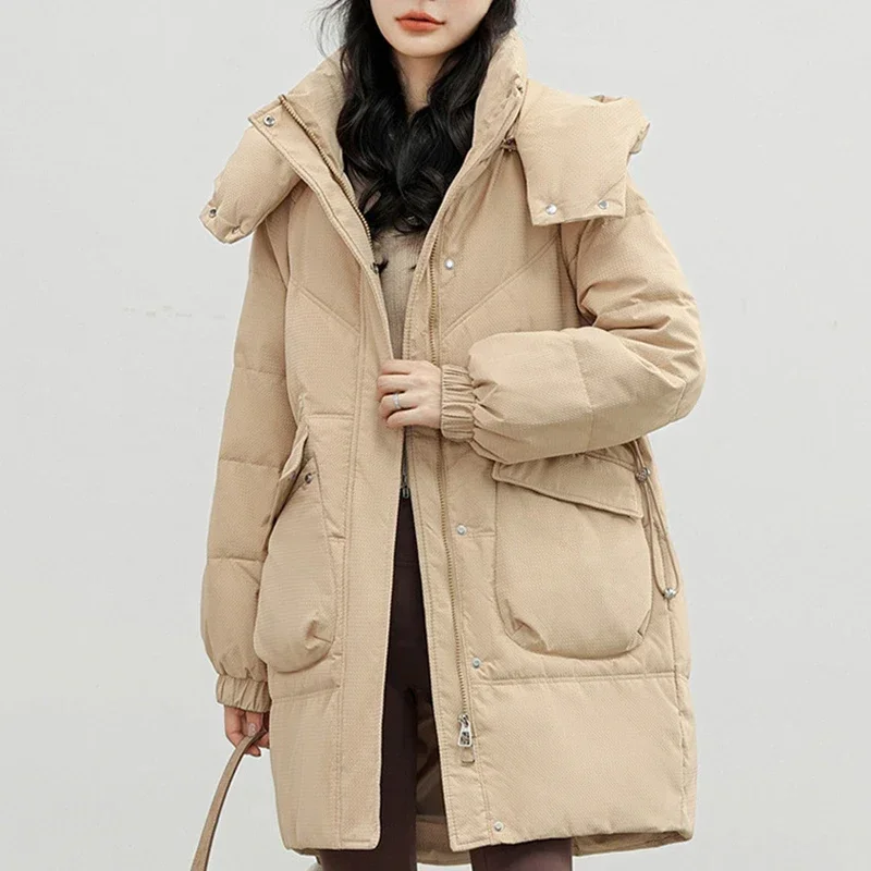 

Slimming Waist Design Warm And Stylish Outerwear Fashionable Thickened Down Cotton Jacket Women's Mid-Length Winter Hooded Coat
