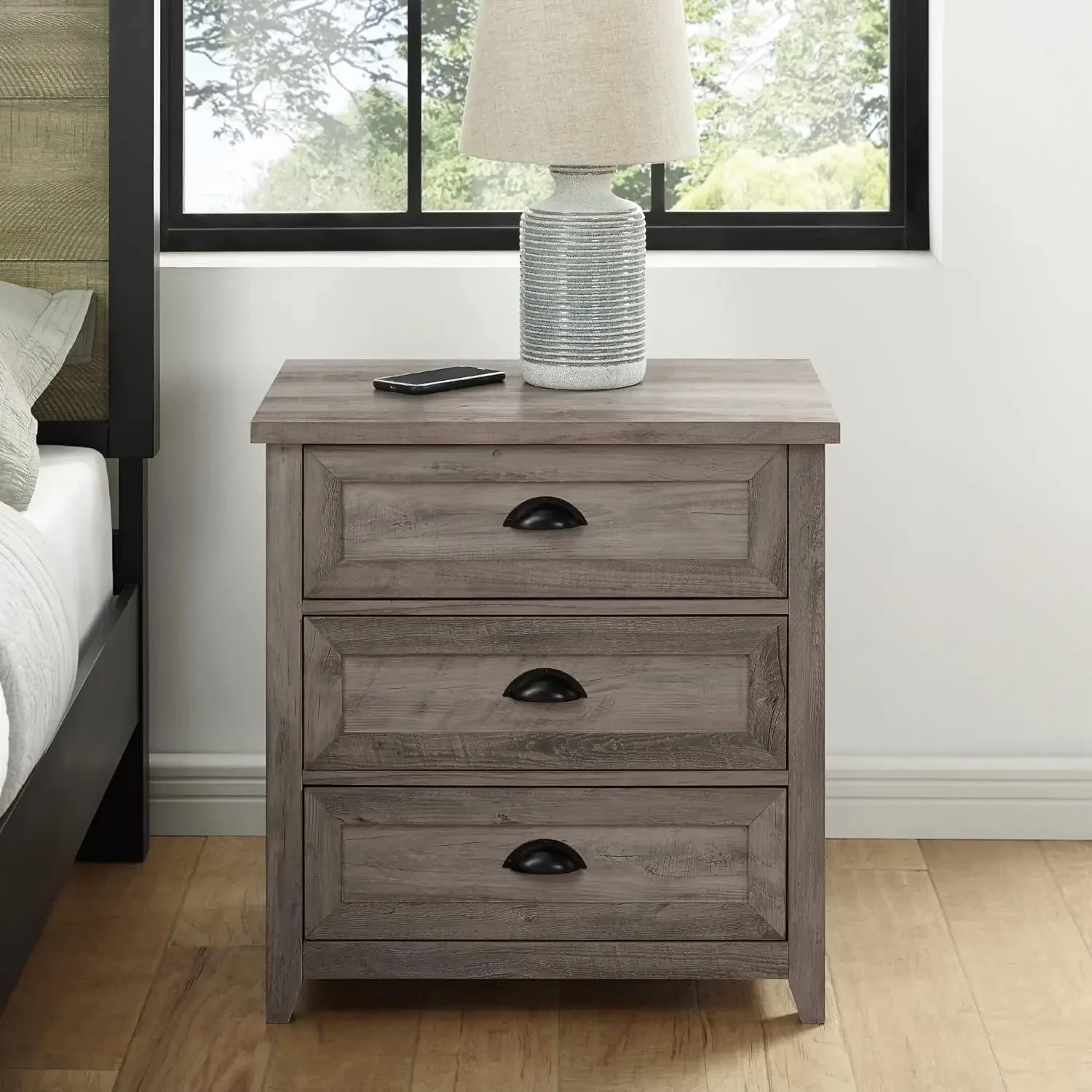 Modern Farmhouse 3 Drawer Framed Nightstand with Half-Moon Handles, 25 Inch, Grey Wash