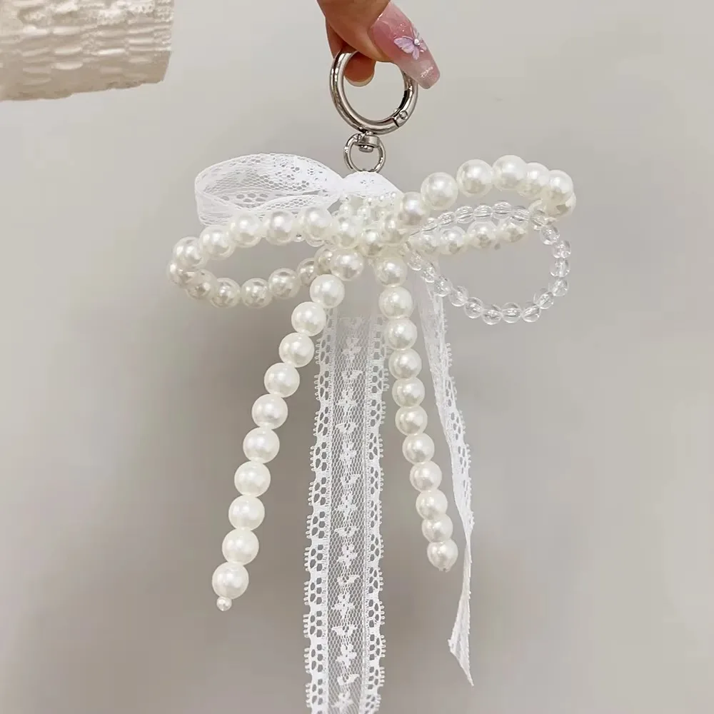 Cute Lace Keychain Y2K White Pearl Beaded Pendant Aesthetic Bow Bowknot Keyring Package Accessory