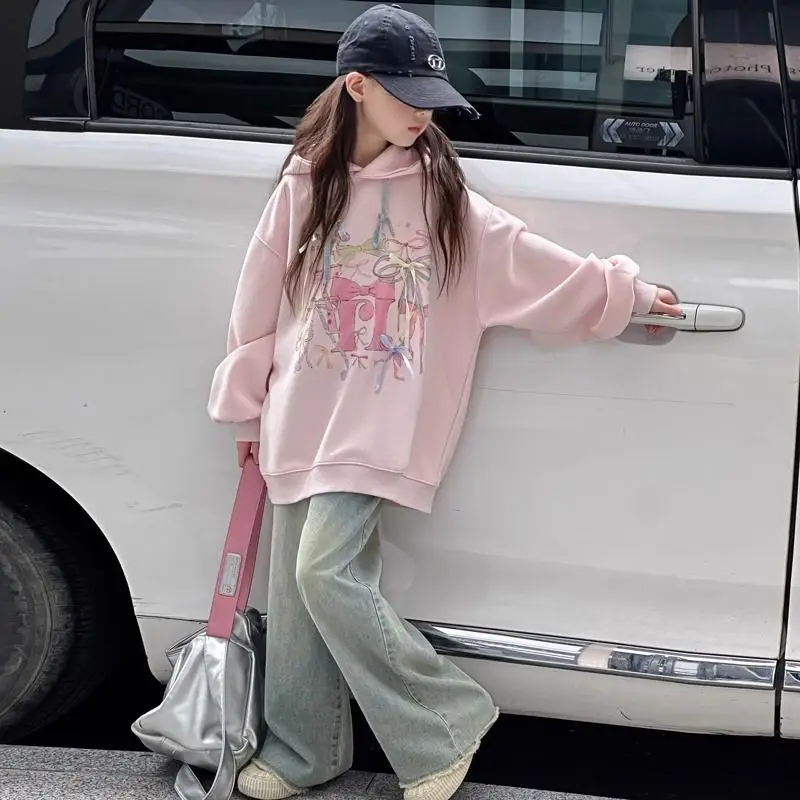 Girls' Cartoon Sweet Loose Korean Style Bowknot Sweatshirt for Middle-Large Kids Spring/Autumn 2025 Outerwear Top