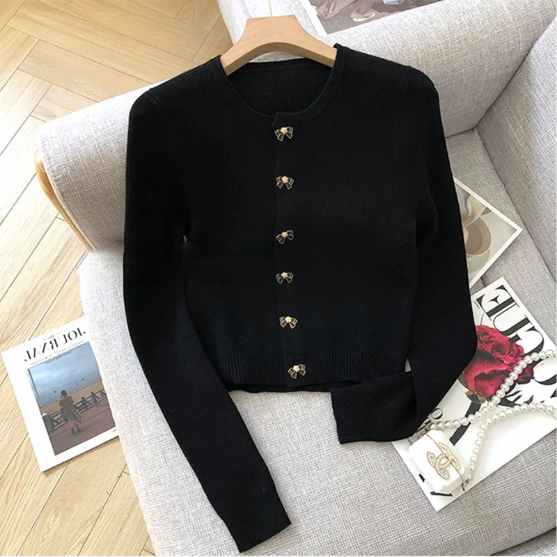 

Round Neck Sweater Jacket Retro Lazy Japanese Style Fashionable Black Knitted Open Cardigan Women's Spring Autumn Style
