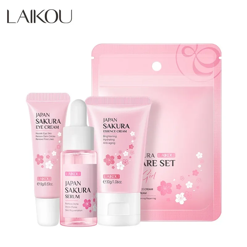 LAIKOU Sakura Hydrating Brightening Moisturizing Skin Care Serum Eye Cream Face Cream 3 Piece Set Skin Care Product