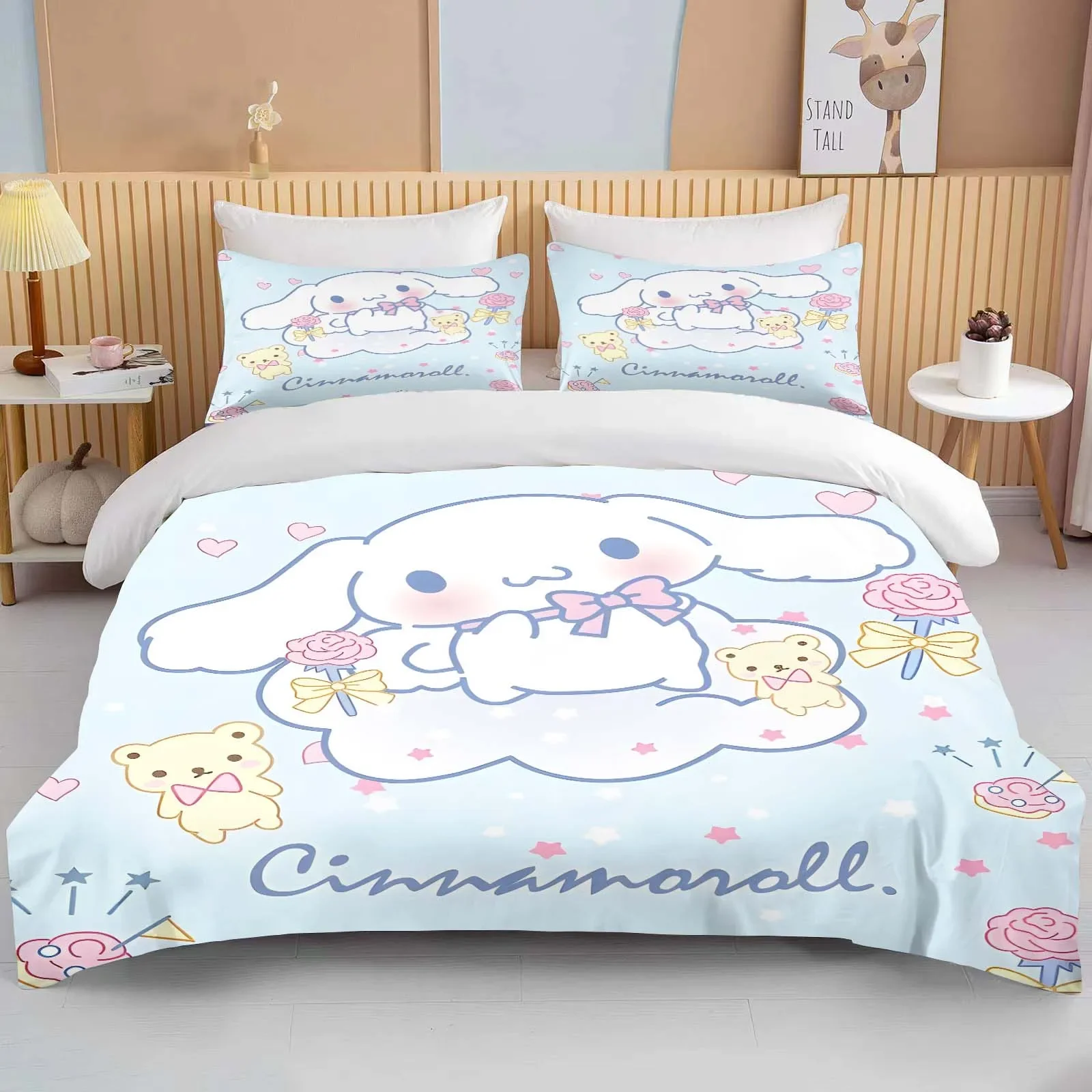 Kawaii Sanrio Cinnamoroll Zestaw pościeli z nadrukiem Poszwa na kołdrę 1 poszwa na kołdrę 2 poszewki na poduszki Zestaw pościeli dla dorosłych i