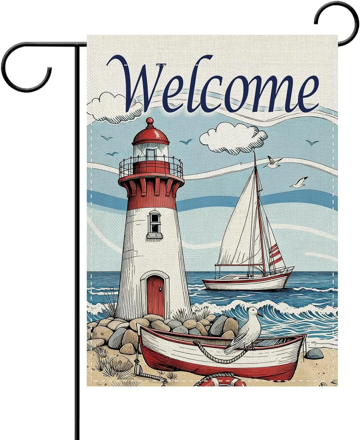 Dyrenson Nautical Lighthouse Welcome Decorative Garden Flag, Summer Coastal Beach Sea Sailboat Seagull Yard Outside Home Dec ZZM