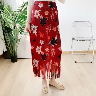 

HOT SELLING Miyake fold fashion pleated print Retro skirt straight Tassels skirt IN STOCK