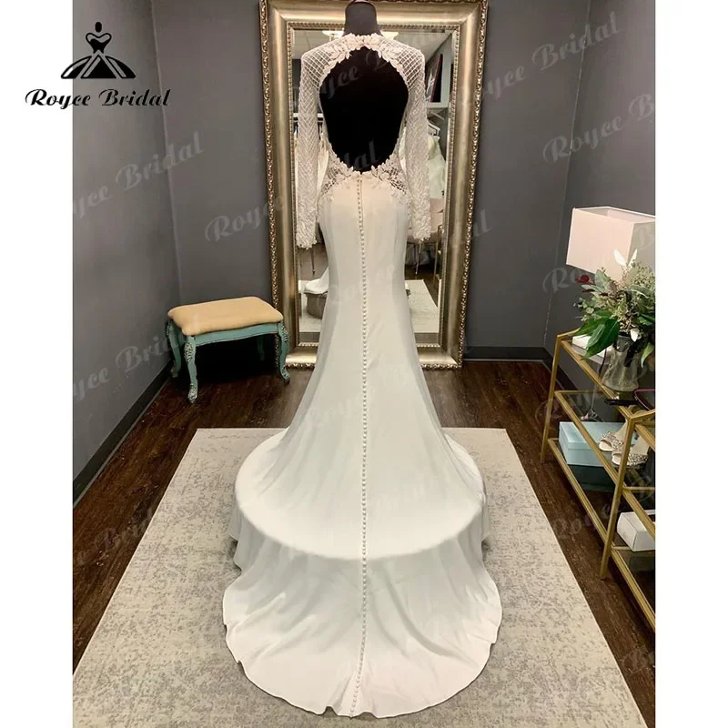 Sexy Long Sleeve Lace Appliques Beading Open Back Mermaid/Trumpet Wedding Dress with Button Bridal Receiption Dinner Party Dress