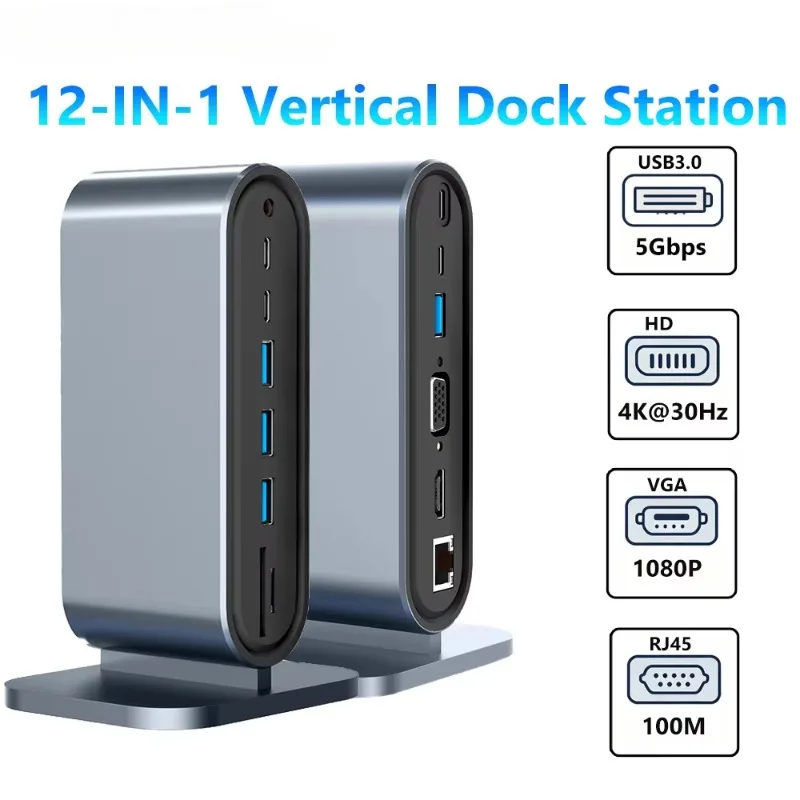 Vertical Type C Docking Station 12-in-1 Multiport Hub 4K HD VGA 100M Ethernet USB3.0 5Gbps 100W PD Splitter for Laptop